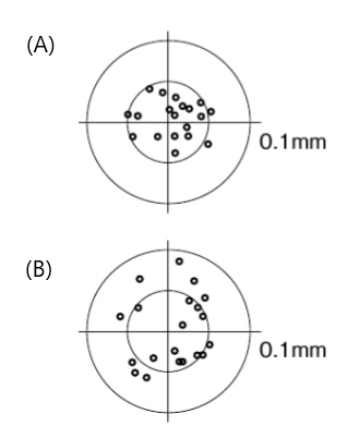 取り付け時の振れの影響 (A)取付け時の振れ＝0.034mm (B)取付け時の振れ＝0.112mm